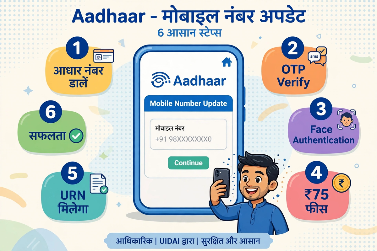 aadhaar card me mobile number update kaise kare, naye app ke steps aur ₹75 fee cartoon illustration