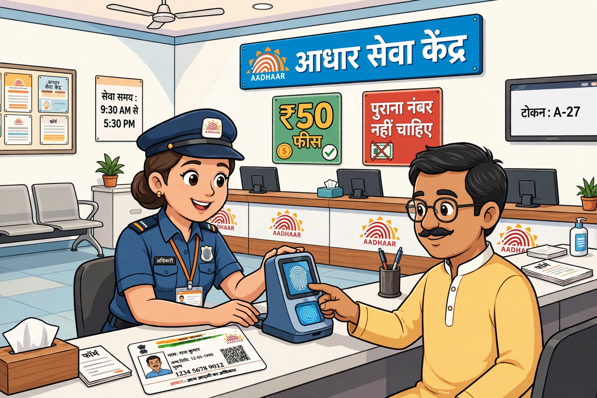 aadhaar card me mobile number update kaise kare, Seva Kendra me fingerprint aur ₹50 fee cartoon illustration