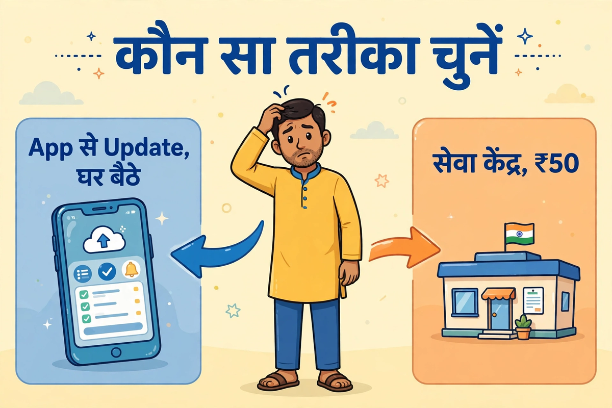 aadhaar card me mobile number update kaise kare, app ya Seva Kendra kaun sa route chunein cartoon illustration