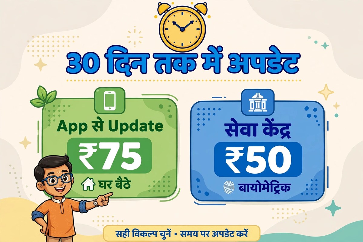 aadhaar card me mobile number update fee ₹75 app aur ₹50 center, 30 din tak ka time cartoon illustration
