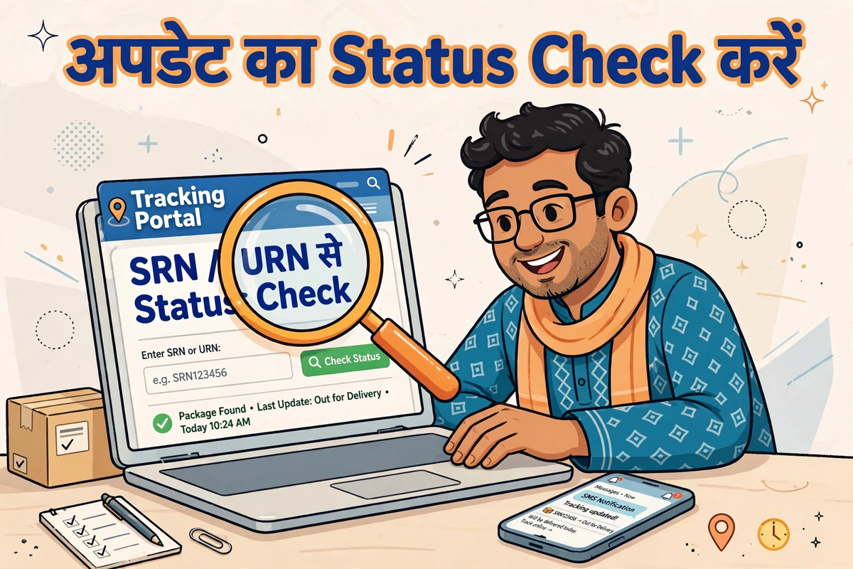 aadhaar card me mobile number update status SRN aur URN se check karne ka tareeka cartoon illustration