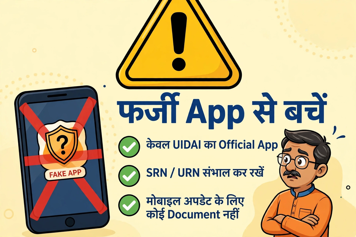 aadhaar card me mobile number update me aam galtiyan, farzi app se savdhaan cartoon illustration