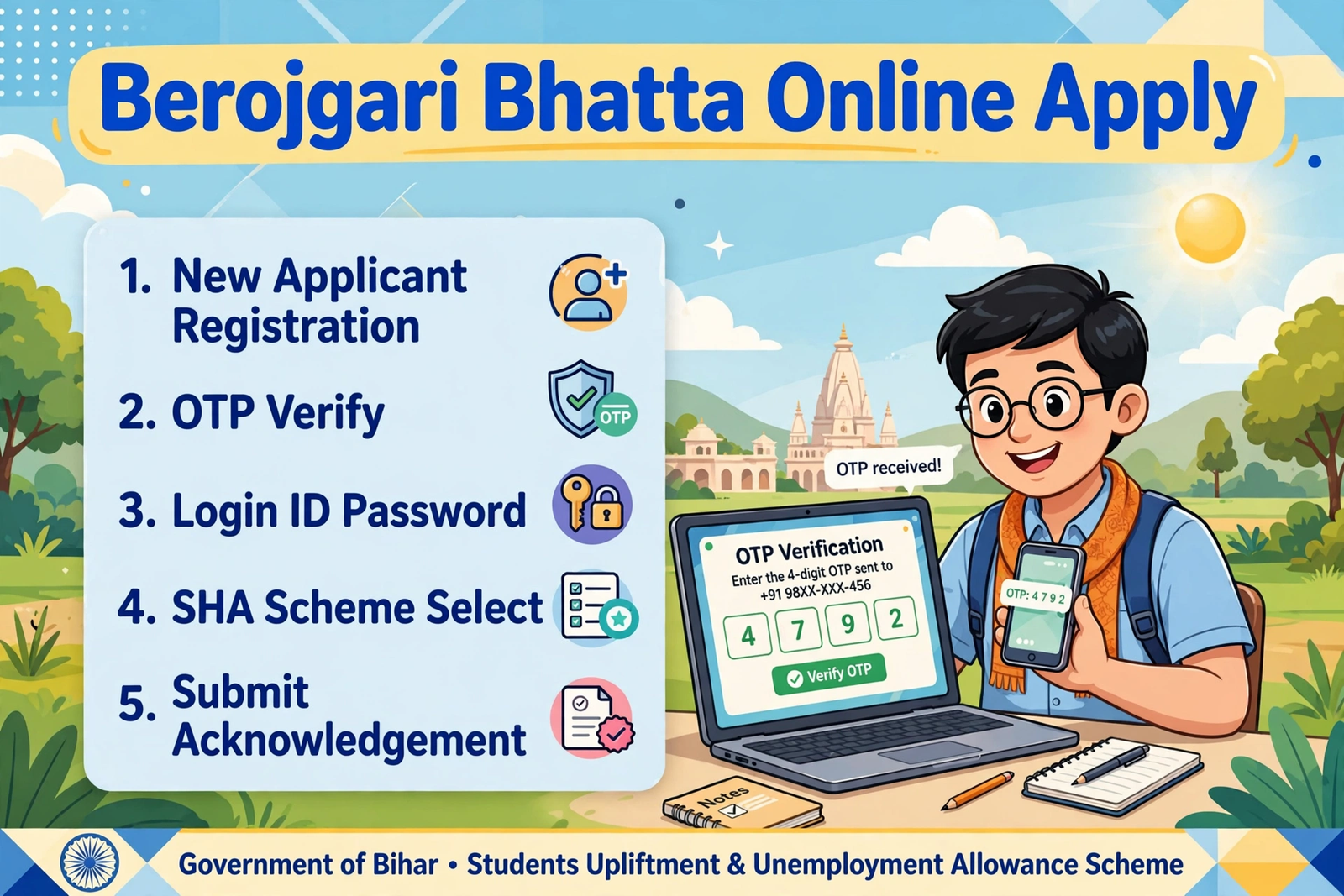 bihar berojgari bhatta online apply steps OTP registration