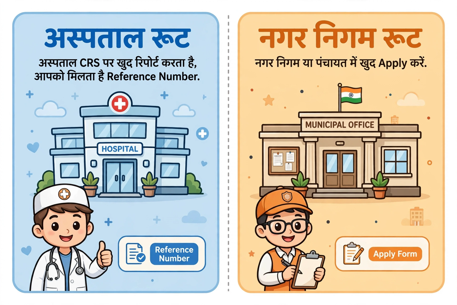 janm praman patra bihar, hospital route aur nagar nigam route ki tulna
