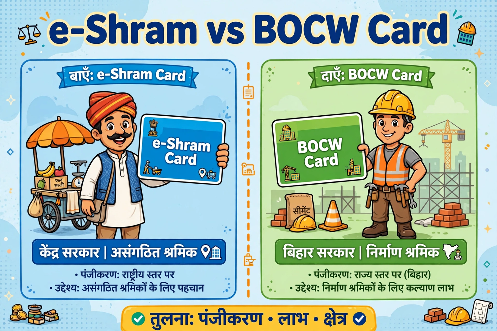 e-shram card vs bocw card antar hindi comparison