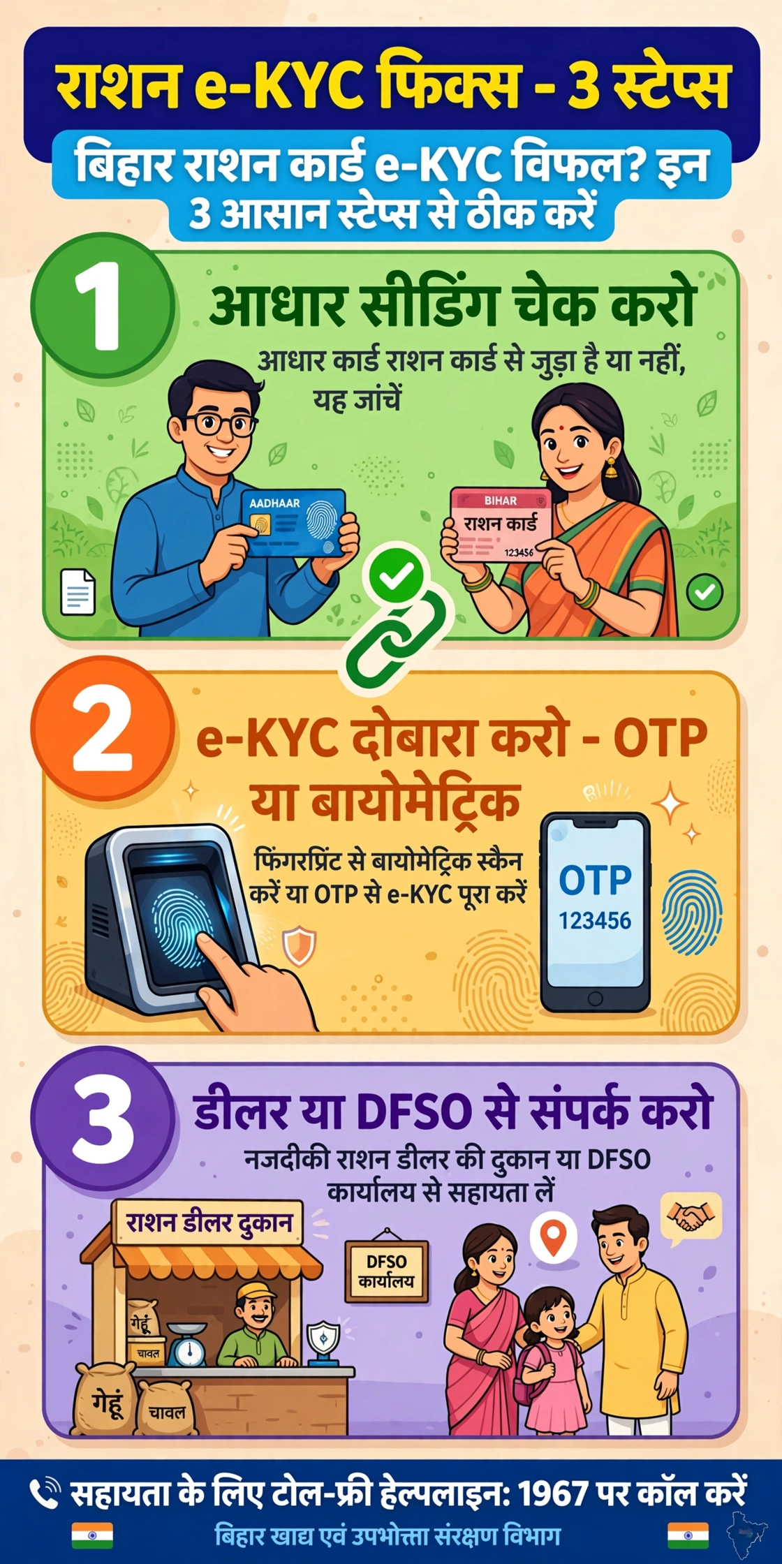 ration card e-kyc fix 3 steps hindi infographic bihar